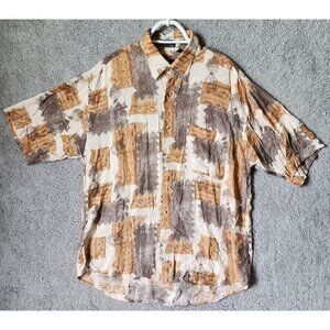 VTG Riscatto Geometric Print Short Sleeve Button Up Shirt Size Large Rayon Linen